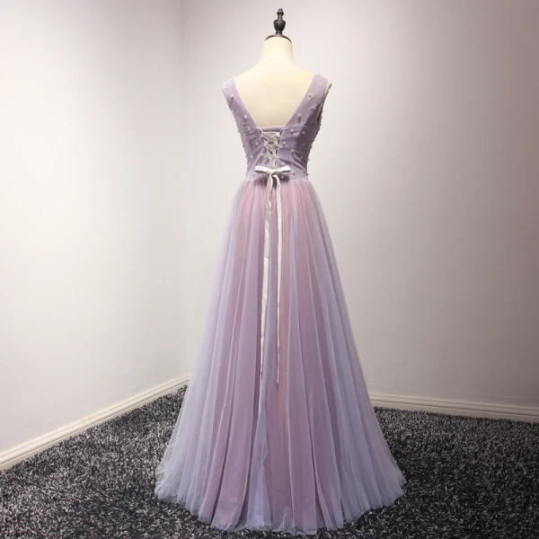 Chic / Beautiful Lilac Prom Dresses 2018 A-Line / Princess Pearl Crystal Sequins Bow V-Neck Backless Sleeveless Floor-Length / Long Formal Dresses