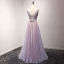 Chic / Beautiful Lilac Prom Dresses 2018 A-Line / Princess Pearl Crystal Sequins Bow V-Neck Backless Sleeveless Floor-Length / Long Formal Dresses