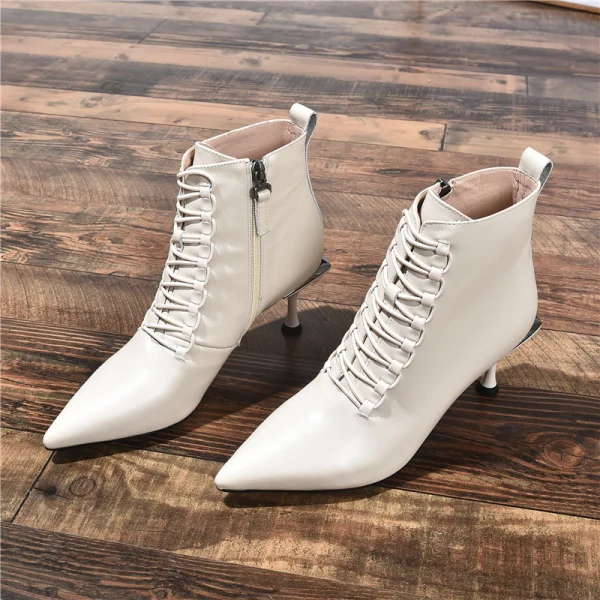 Fashion Black Street Wear Ankle Womens Boots 2020 Leather 7 cm Stiletto Heels Pointed Toe Boots