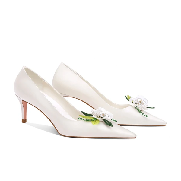 Schlicht Weiß Satin Blumen Brautschuhe 2020 Strass 8 cm Stilettos Spitzschuh Hochzeit Pumps