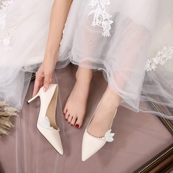 Elegant Ivory Pearl Wedding Shoes 2020 7 cm Stiletto Heels Pointed Toe Wedding Pumps