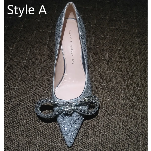 Scintillantes Argenté Faux Diamant Paillettes Chaussure De Mariée 2020 Cuir 8 cm Talons Aiguilles À Bout Pointu Mariage Escarpins