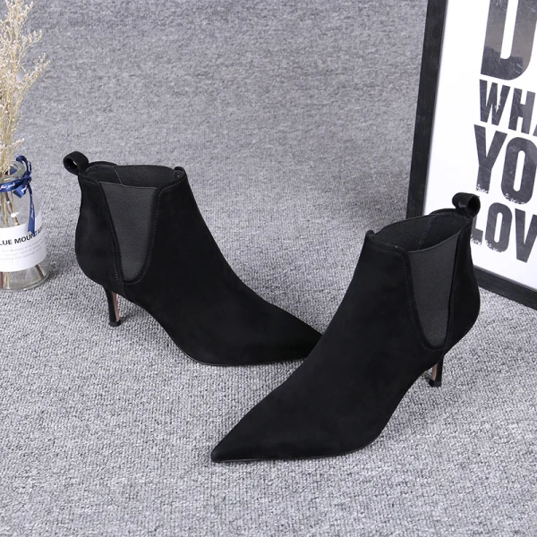 Simple Hiver Kaki Désinvolte Daim Bottes Femme 2020 Cuir Bottines 7 cm Talons Aiguilles À Bout Pointu Bottes