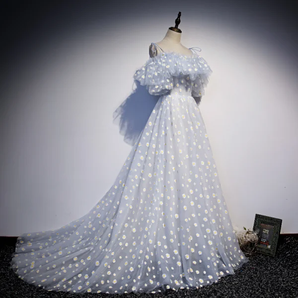 Fashion Sky Blue Flower Fairy Daisy Floral Prom Dresses 2021 A-Line / Princess Spaghetti Straps Short Sleeve Backless Sweep Train Prom Formal Dresses
