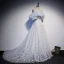 Fashion Sky Blue Flower Fairy Daisy Floral Prom Dresses 2021 A-Line / Princess Spaghetti Straps Short Sleeve Backless Sweep Train Prom Formal Dresses