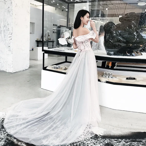Modern / Fashion Blushing Pink Evening Dresses 2018 A-Line / Princess Appliques Sash Off-The-Shoulder Backless Sleeveless Court Train Formal Dresses