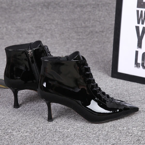 Fashion Black Street Wear Patent Leather Ankle Womens Boots 2020 Leather 7 cm Stiletto Heels Pointed Toe Boots