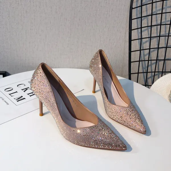 Glittrande Silver Afton Rhinestone Pumps 2020 8 cm Stilettklackar Spetsiga Pumps