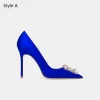 High-end Royal Blue Evening Party Rhinestone Pumps 2020 Leather 10 cm Stiletto Heels Pointed Toe Pumps