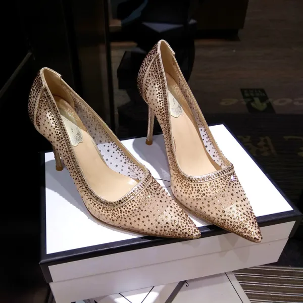 Charmig Silver Afton Rhinestone Pumps 2020 Läder 10 cm Stilettklackar Spetsiga Pumps