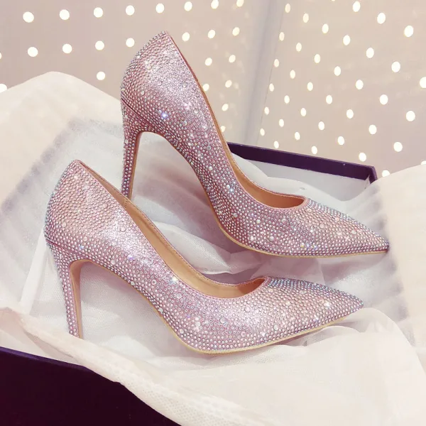 Błyszczące Uroczy Srebrny Rhinestone Buty Ślubne 2020 Skórzany 10 cm Szpilki Szpiczaste Ślub Czółenka