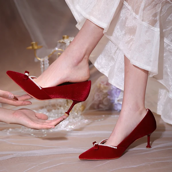 Chinese style Burgundy Suede Wedding Shoes 2020 Pearl Bow 6 cm Stiletto Heels Pointed Toe Wedding Pumps
