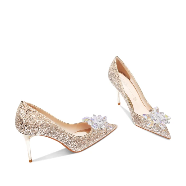 Luxury / Gorgeous Gold Crystal Wedding Shoes 2020 Leather Sequins 8 cm Stiletto Heels Pointed Toe Wedding Pumps