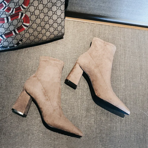 Chic / Beautiful Winter Black Street Wear Ankle Womens Boots 2020 Suede 7 cm Thick Heels Pointed Toe Boots