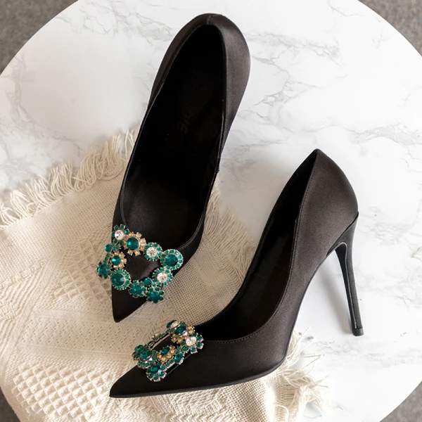 Chic / Belle Noire Promo Satin Escarpins 2020 Faux Diamant 10 cm Talons Aiguilles À Bout Pointu Escarpins