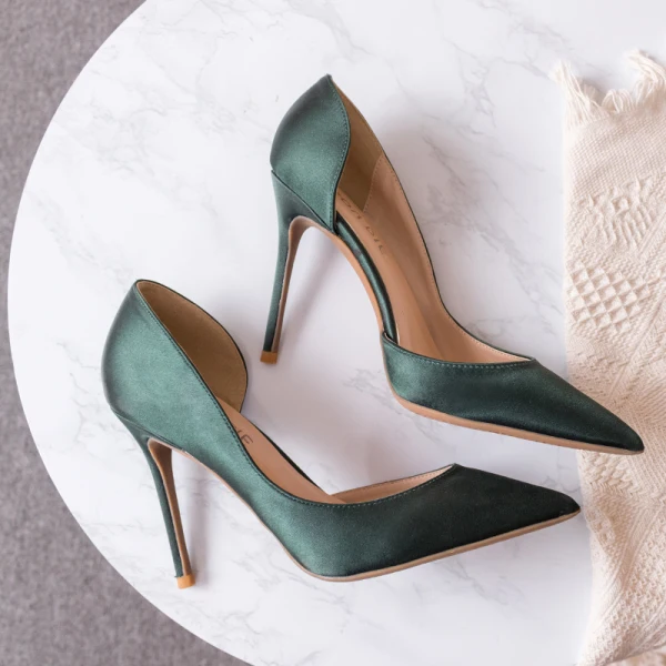 Minimalist Dark Green Prom Silk Satin Womens Shoes 2020 10 cm Stiletto Heels Pointed Toe High Heels