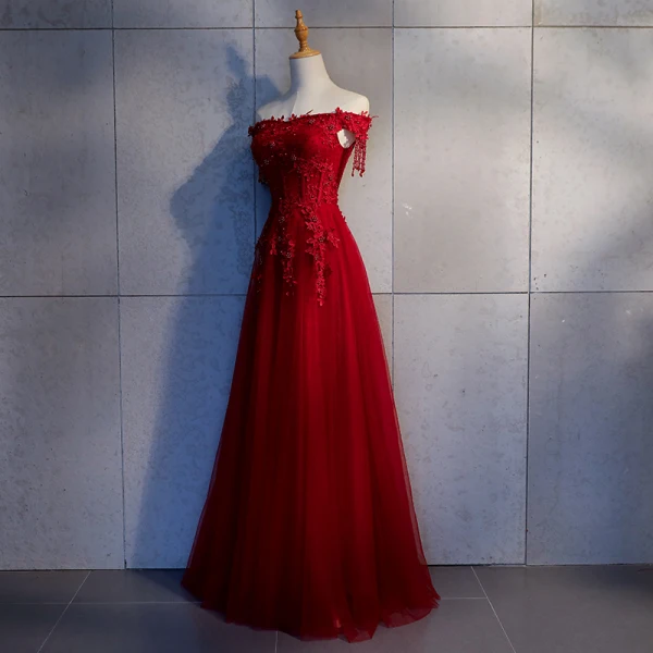 Chic / Beautiful Burgundy Evening Dresses 2018 A-Line / Princess Appliques Lace Beading Tassel Crystal Pearl Off-The-Shoulder Sleeveless Backless Formal Dresses