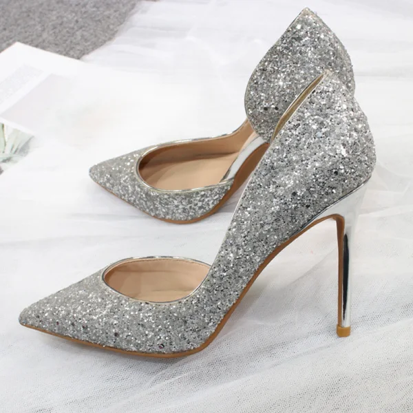Sparkly Silver Evening Party Glitter Sequins Womens Shoes 2020 10 cm Stiletto Heels Pointed Toe Heels