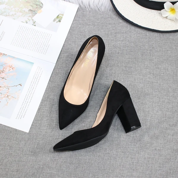 Modest / Simple Black Office OL Suede Pumps 2020 8 cm Thick Heels Pointed Toe Pumps