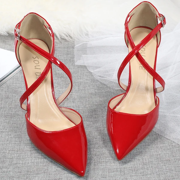 Sexy Red Evening Party Womens Shoes 2020 Patent Leather X-Strap 10 cm Stiletto Heels Pointed Toe Heels