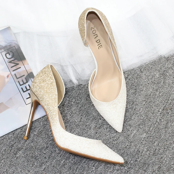 Charming Gradient-Color Gold Evening Party Womens Shoes 2020 Glitter Sequins 10 cm Stiletto Heels Pointed Toe Heels