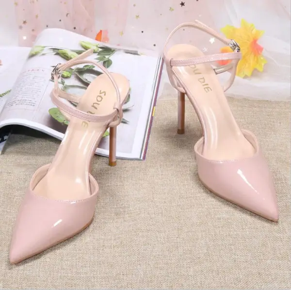 Sexy Fashion Nude Evening Party Womens Sandals 2020 Ankle Strap Patent Leather 10 cm Stiletto Heels Pointed Toe Heels