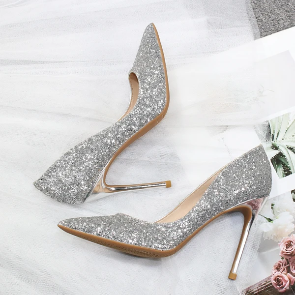 Scintillantes Mode Argenté Glitter Soirée Escarpins 2020 Paillettes 10 cm Talons Aiguilles À Bout Pointu Escarpins