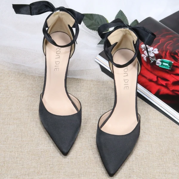 Fashion Black Prom Satin Womens Shoes 2020 Ankle Strap Bow 10 cm Stiletto Heels Pointed Toe Heels