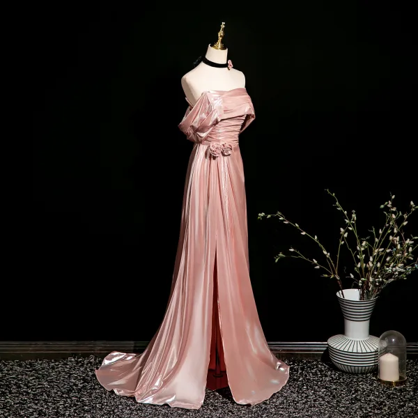Sexy Rosa Gespaltete Front Glanz Abendkleider 2025 Meerjungfrau Bandeau Ärmellos Rückenfreies Sweep / Pinsel Zug Abend Festliche Kleider