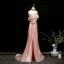 Sexy Rosa Gespaltete Front Glanz Abendkleider 2025 Meerjungfrau Bandeau Ärmellos Rückenfreies Sweep / Pinsel Zug Abend Festliche Kleider