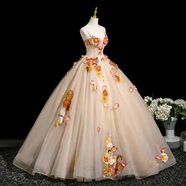 Flower Fairy Champagne Lace Flower Appliques Prom Dresses 2025 Ball Gown Spaghetti Straps Sleeveless Backless Formal Dresses