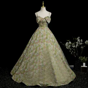 Blomsterfe Salvie Grønn Perle Rhinestone Blonder Blomst Blomster Ballkjoler 2025 Ballkjole Spaghettistropper Uten Ermer Ryggløse Lange Formelle Kjoler