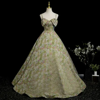Flower Fairy Sage Green Pearl Rhinestone Lace Flower Floral Prom Dresses 2025 Ball Gown Spaghetti Straps Sleeveless Backless Floor Length Long Formal Dresses