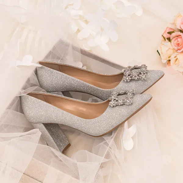 Charmant Scintillantes Argenté Chaussure De Mariée 2020 Glitter Faux Diamant Paillettes 9 cm Talons Épais À Bout Pointu Escarpins