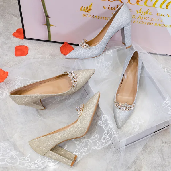 Charming Fashion Gold Rhinestone Wedding Shoes 2020 Sequins 9 cm Thick Heels Pointed Toe Wedding Pumps