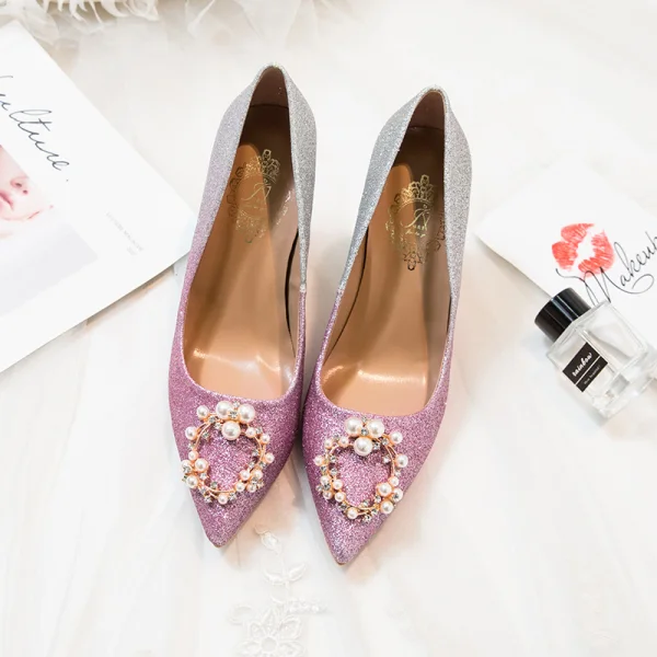 Charmant Farbverlauf Pink Abend Pumps 2020 Perle Strass Pailletten 9 cm Thick Heels Spitzschuh Pumps