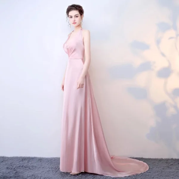 Sexy Rosa Rückenfreies Abendkleider 2018 A Linie Schleife Neckholder Ärmellos Sweep / Pinsel Zug Festliche Kleider
