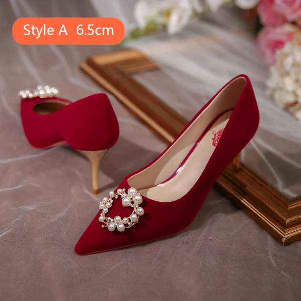 Charmant Burgunderrot Perle Strass Brautschuhe 2020 6 cm Stilettos Spitzschuh Hochzeit Pumps