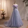Charming Lavender Butterfly Appliques Pearl Sequins Prom Dresses 2023 A-Line / Princess Strapless Sleeveless Backless Sweep Train Prom Formal Dresses
