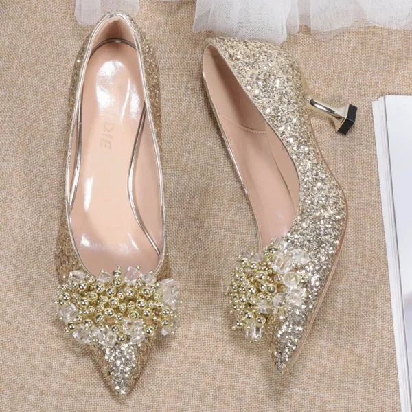Uroczy Błyszczące Złote Buty Ślubne 2020 Cekiny Rhinestone 6 cm Szpilki Szpiczaste Ślub Czółenka