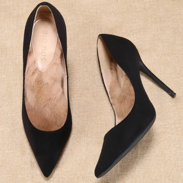 Stilig Svarta Gatukläder Mocka Pumps 2020 10 cm Stilettklackar Spetsiga Pumps
