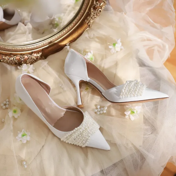 Chic Ivoire Perle Chaussure De Mariée 2020 8 cm Talons Aiguilles À Bout Pointu Mariage Talons