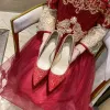 Encantador Degradado De Color Rojo Zapatos de novia 2020 Lentejuelas 7 cm Talones Gruesos Punta Estrecha Boda Tacones