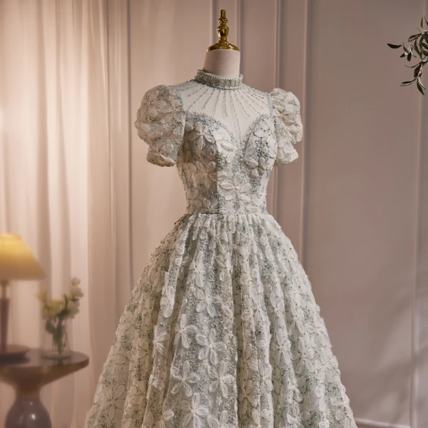 Chic / Beautiful Beading Pearl Sequins Printing Prom Dresses 2023 A-Line / Princess High Neck Floor-Length / Long Backless Short Sleeve Prom Formal Dresses