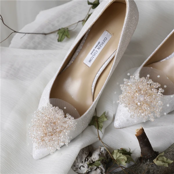 Chic Ivoire Cuir Faux Diamant Paillettes Chaussure De Mariée 2020 7 cm Talons Aiguilles À Bout Pointu Mariage Escarpins