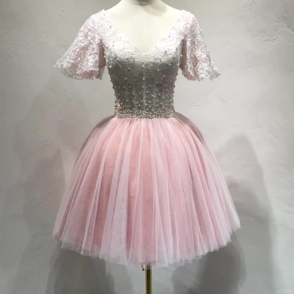Chic / Belle Rougissant Rose Robe De Fete 2018 Princesse En Dentelle Perle V-Cou Dos Nu Manches Courtes Courte Robe De Ceremonie