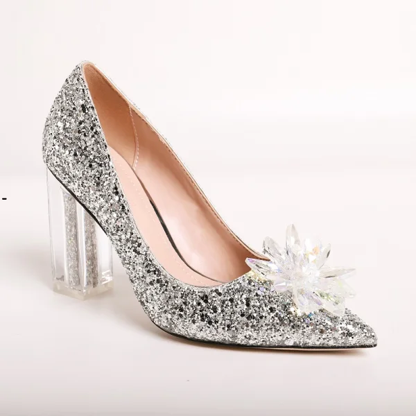 Glittrande Silver Kristall Brudskor 2020 Paljetter 9 cm Tjocka Klackar Spetsiga Bröllop Pumps