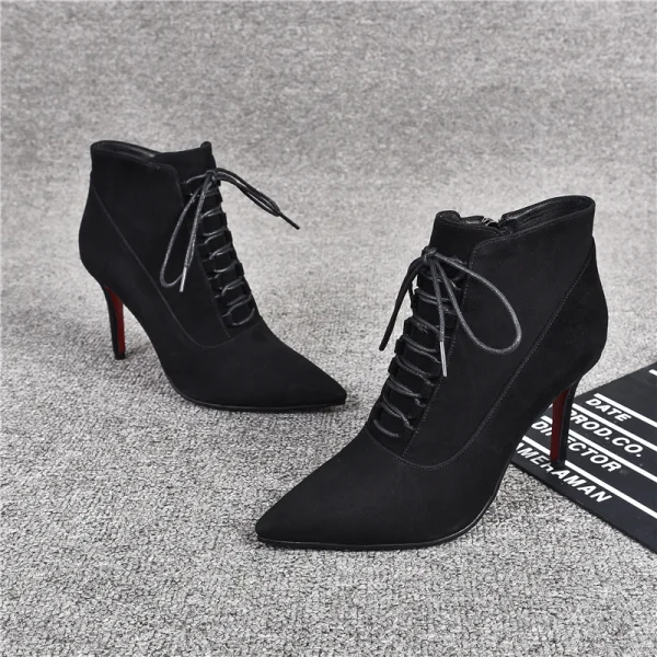 Modest / Simple Black Street Wear Leather Womens Boots 2020 Ankle 9 cm Stiletto Heels Pointed Toe Boots