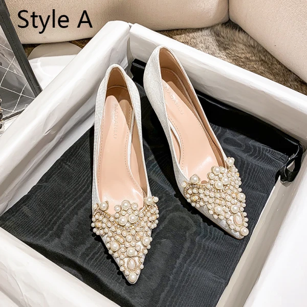 Chic Ivoire Faux Diamant Perle Chaussure De Mariée 2020 7 cm Talons Aiguilles À Bout Pointu Mariage Escarpins
