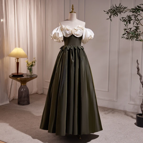 Elegant Clover Green Satin Prom Dresses 2023 A-Line / Princess Off-The-Shoulder Flower Puffy Short Sleeve Backless Floor-Length / Long Prom Formal Dresses